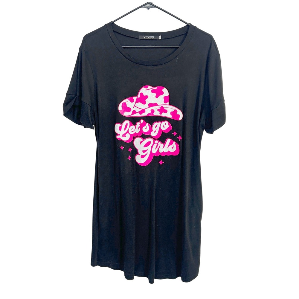 Let's Go Girls Cowgirl Graphic T Shirt Dress Black Pockets Western Rodeo Country